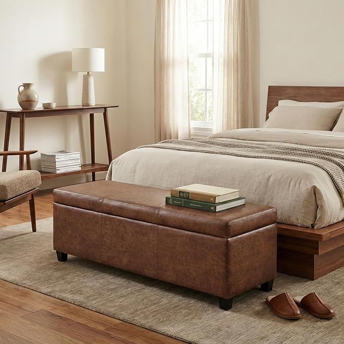SIMPLIHOME Avalon Storage Ottoman Bench - 48" Wide x 16" High Upholstered Vegan Leather Rectangular Lift-Top Ottoman in Distressed Umber Brown, Contemporary Storage Bench with High-Density Foam