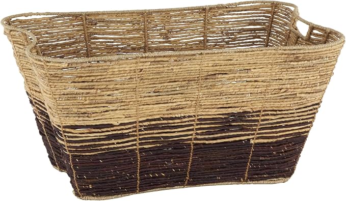 Deco 79 Seagrass Handmade Decorative and Functional Storage Basket Oversized Color Block Basket Organizer with Slot Handles, Basket for Storage 30" x 20" x 15", Brown