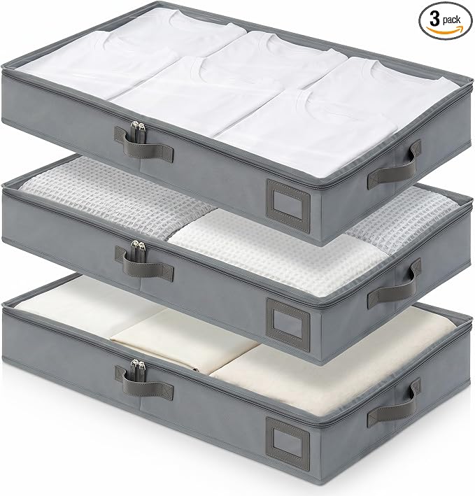 4" Low Profile Under Bed Storage Bins (3-Pack, Grey), Slim 600D Oxford Fabric Clothes Organizer Box with Reinforced Leather Handles, Sturdy Clear Lid