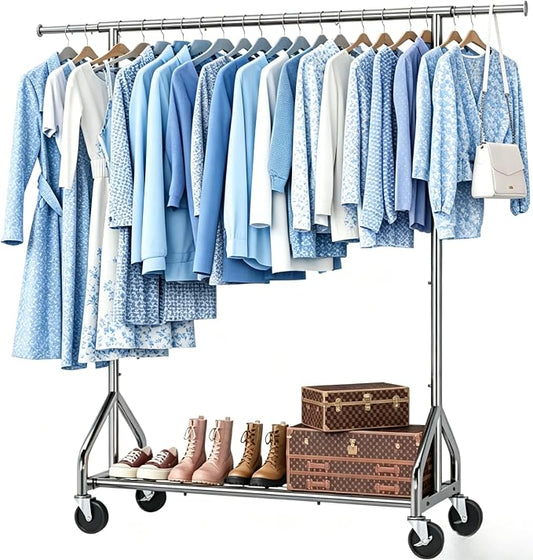 Simple Trending Heavy Duty Clothes Rack, Extensible Clothing Rack, Silver | Garment Rack Load 450 LBS, Portable Closet with Mesh Bottom Shelf, 360° Lockable Wheels, Bedroom, Laundry Room