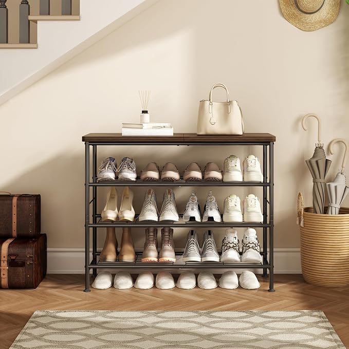 SUOERNUO 4 Tier Shoe Rack Organizer for Closet Shoe Storage for Entryway | Free Standing with MDF Top Board,Sturdy Metal Frame, Ideal for Living Room,Hallway Black