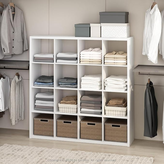 Furinno Cubic Extra Thick 16-Cube Closet Organizers and Storage, White | 14.6 x 58 x 58 in, Open Shelf Closet Storage, Closet Organizer, for Wardrobe, Bedroom, Living Room