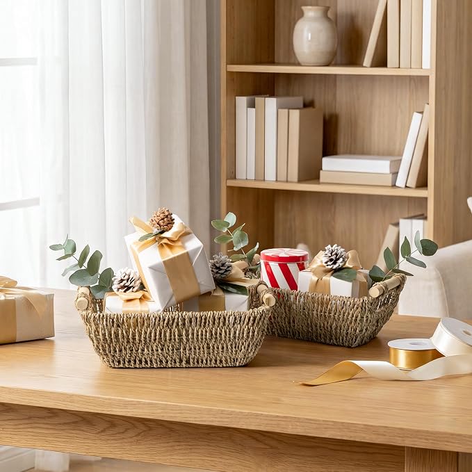 StorageWorks Small Baskets for Shelf, Seagrass Woven Basket with Wooden Handles for Gifts, 2-Pack