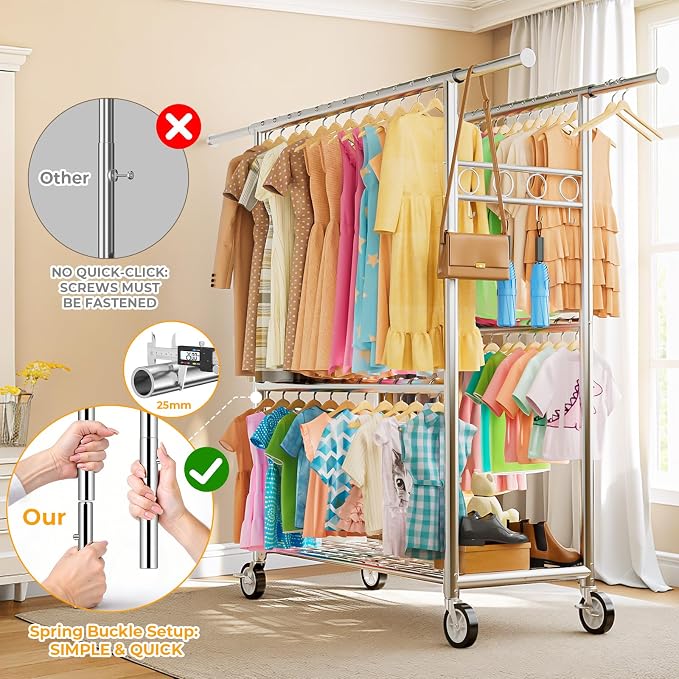 Heavy Duty Clothes Rack Load 1060LBS, Four Rods Rolling Clothing Racks for Hanging Clothes, Rolling Garment Rack With Sturdy Wheels Shelves Hooks, Portable & Adjustable Commercial Garment Rack, Silver