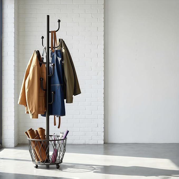 Black Moveable Cactus Metal Coat Rack with Basket Freestanding 65" | Modern Organizer for Scarf Jacket Hat Bags Ideal for Home Entryway Bedroom Corner Stable