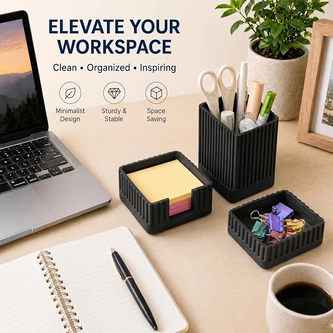 Desk Organizer Set of 3 for Office Accessories - Includes Pen Holder, Paperclip Storage, and Sticky Note Holder - Aesthetic Concrete Desktop Accessories for Women or Men, Office Decor (Black)