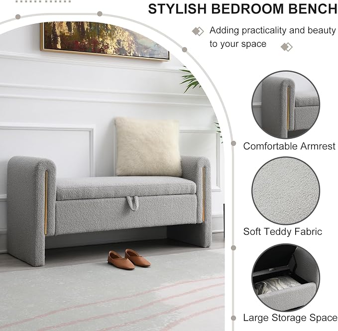 NIOIIKIT 52" Storage Ottoman Bench, Teddy Upholstered Storage Bench with Armrest, Entryway Bench with Pull-Ring, End of Bed Bench with Padded Cushion, Window Bench for Living Room (Grey)