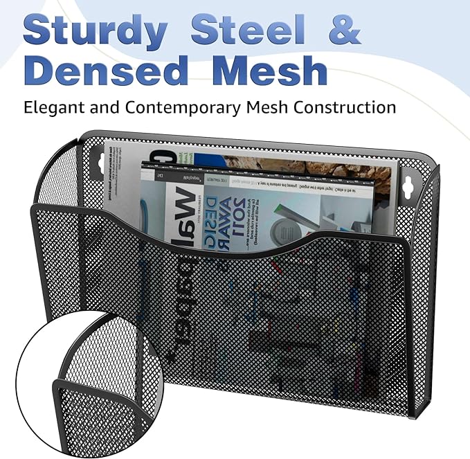 MINDEPOT Wall File Organizer, Hanging Wall File Holder, 1 Pack, Black | Heavy Duty Iron, Metal Mesh Wall Mount, Single Pocket, Mail Organizer, for Office School Classroom Home, Letter A4 Size