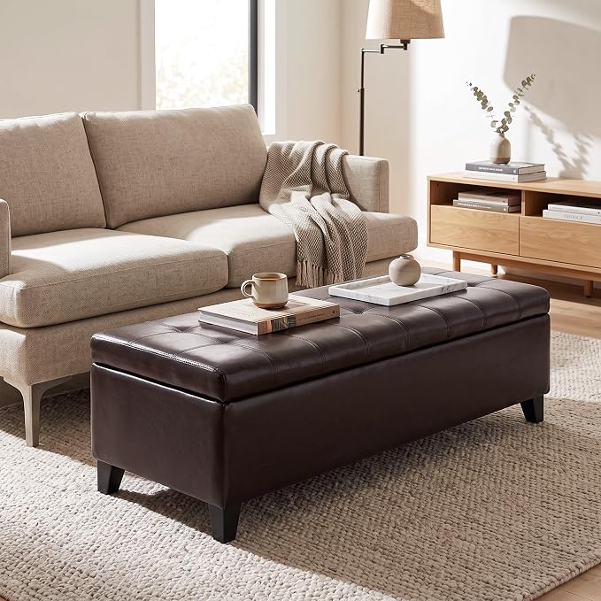 HOMCOM 51" Ottoman Storage Bench, Faux Leather Storage Chest with Lift Top, Tufted Ottoman for Living Room, Entryway, Dark Brown | Lift Top, Tufted Ottoman, Living Room, Entryway
