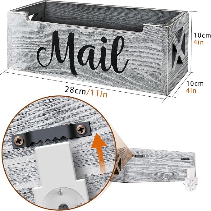 Wooden Mail Organizer Countertop | Grey Mail Holder for Wall | Rustic Desk Mail Sorter Basket Letter Holder for Home Office Entryway Decor