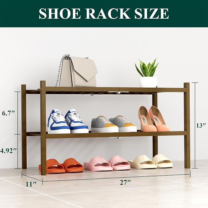 Smiry Bamboo Shoe Rack, 14 Vertical Slats, 2 Tier - 26.8" Wide, Walnut | Stackable Free Standing Wooden Shoe Organizer, Wood Shoe Storage Shelf for Closet, Entryway, Thicher Leg