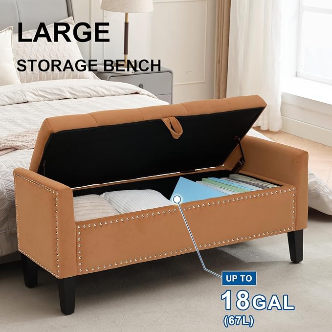 Storage Ottoman Bench, Velvet Upholstered Footstool for Bedroom and Living Room, Frosted Flannel Seat with Storage, Wooden Legs & Metal Rivets, Orange