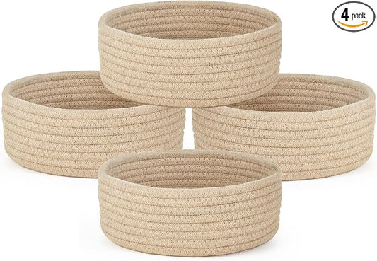 Dahey 4 Pcs Small Woven Storage Baskets for Gifts, 8.66"W x 3.15"H, Beige | Soft Odor-Free Cotton Rope, Open-Top, Tiny Round Basket, Multi-Use Organizing, Holds Cosmetics Keys for Bathroom Home Shelves