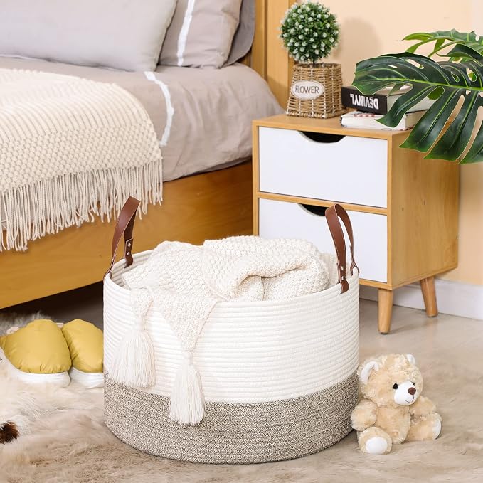 KAKAMAY Large Blanket Basket (20"x13"),Woven Baskets for storage Baby Laundry Hamper,Cotton Rope Blanket Basket for Living Room, Laundry, Nursery, Pillows, Baby Toy chest (White/Beige) | Extra Large Capacity | Natural Cotton Rope | Blanket Storage | Wo...