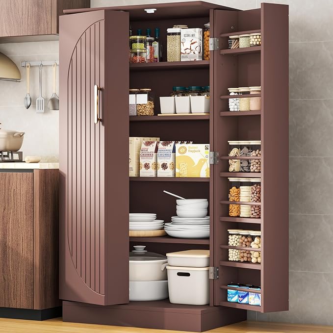 kepptory 47" Kitchen Pantry Cabinet with Doors and Adjustable Shelves, Freestanding Pantry Storage Cabinet, Farmhouse Buffet Cupboard for Kitchen, Dining Room, Living Room, Grey (Brown)