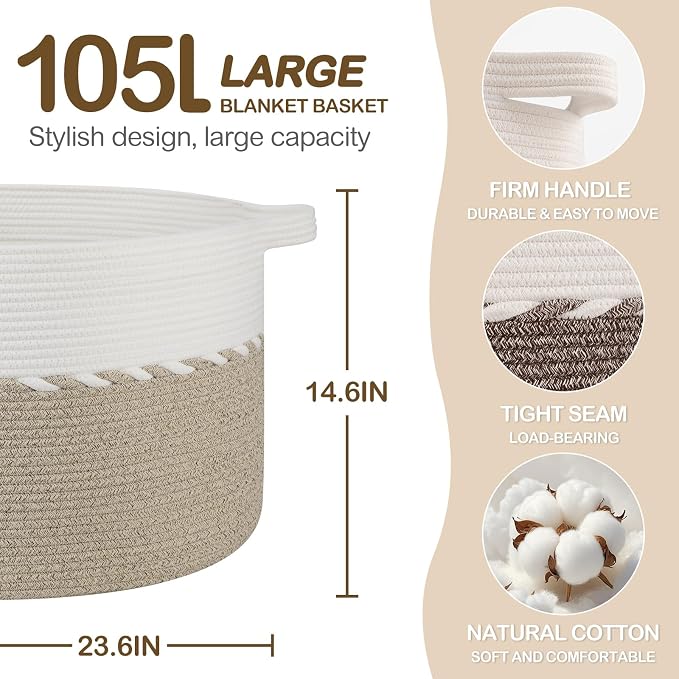 OIAHOMY 105L Extra Large Blanket Basket - Decorative Cotton Rope Storage Basket for Bedroom, Living Room & Nursery - Woven Laundry Hamper for Organizing Blankets, Clothes & Toys - Light Brown & White