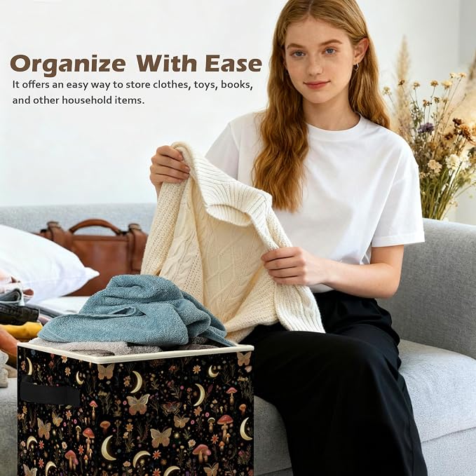 Enchanted Forest Boho Witchy Storage Box Bins, Mystical Moon Butterfly Mushroom Floral Collapsible Storage Basket Organizer for Bedroom Laundry Room Clothes Books, Decor for Room