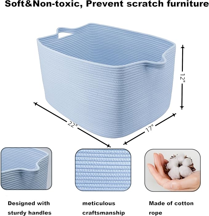 XUANGUO Large Rectangle Woven Cotton Rope Blanket Basket 22"x17"x12" Blue | Storage basket for living room; toy basket for kids, dog toy storage, laundry basket for clothes and towels, or gift basket.