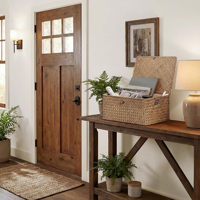 StorageWorks Extra Large Wicker Baskets, Seagrass Storage Baskets for Shelves, Decorative Box with Built-in Handles,Brown
