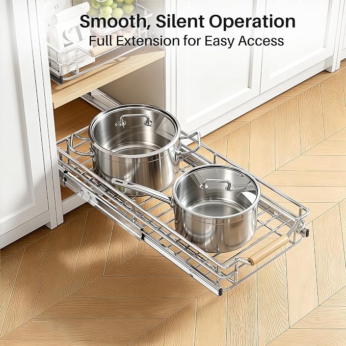 Pull out Cabinet Organizer, 9"W X 21"D, Heavy Duty Smooth Sliding Under Cabinet Shelves for Pots and Pans, Full-Extension Roll out Drawers, Slide out Organization for Home Kitchen Pantry
