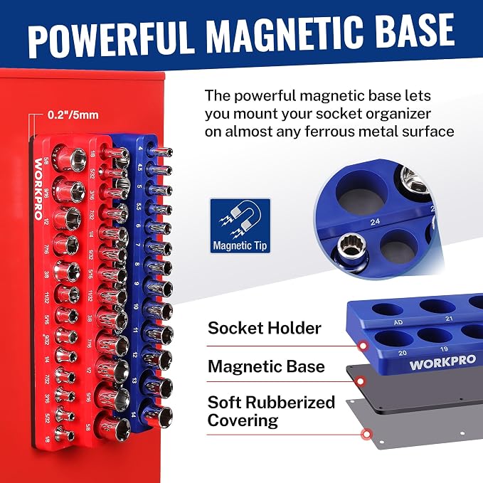 WORKPRO 8-Piece Magnetic Socket and Wrench Organizer Set | 6-Piece Socket Holders, 1/4" 3/8" 1/2" DR Tool Trays, For Metric SAE Sockets, 2-Piece Wrench Holders, For Metric SAE Wrenches