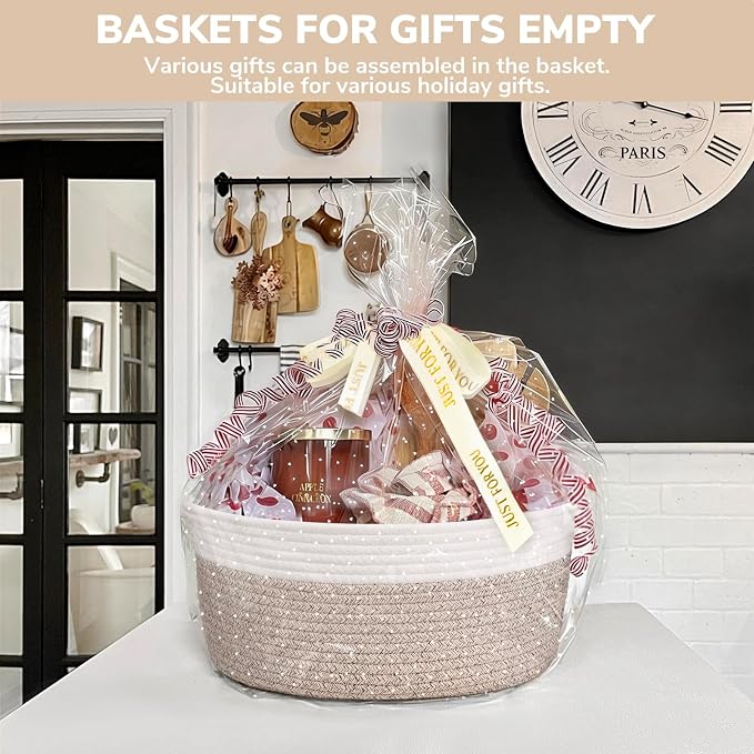CHICVITA Large Gift Basket Empty with Bags & Ribbon to Fill, Brown | 13.6"x 10" x 6" Woven Gift Basket Empty to Fill for Holiday, Rope Baskets for Organizing, Birthday Basket, Dog Toy Basket