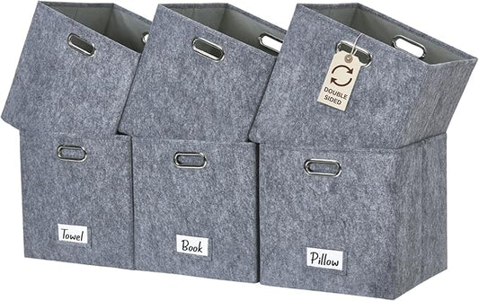 DECOMOMO Felt Storage Bins, 11 inch Cube Storage Bin with Labels | 6 Pack Storage Baskets for Shelves, Kallax (Dark Grey)