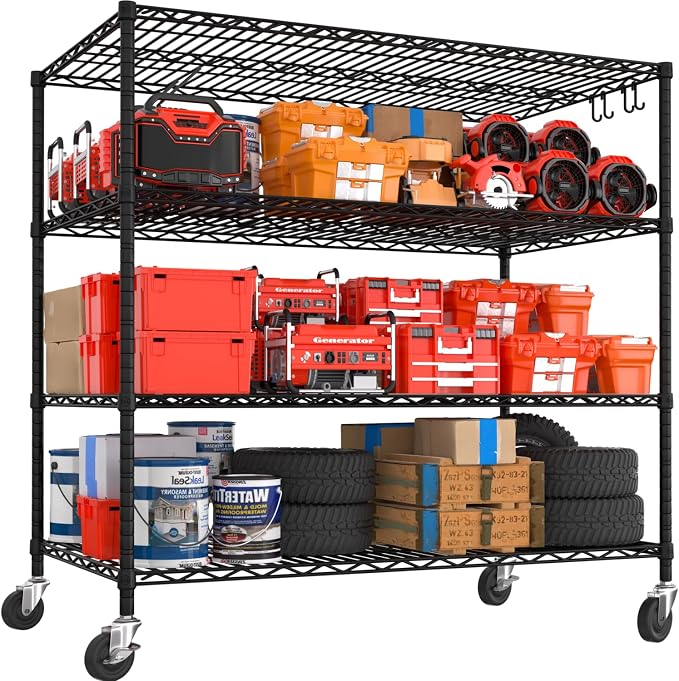 PrimeZone 4 Tier 55.5"W x 24"D x 80"H Heavy-Duty Wire Shelving with Wheels | NSF Tote Storage Rack, Adjustable Shelves, 2400 LBS Capacity, 4" Rolling Casters, 25.4mm Steel Tube for Warehouse, Basement