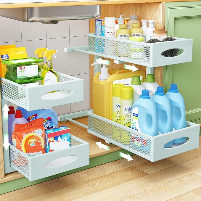 2 Pack Under Sink Organizer, 2 Tier Pull out Cabinet Organizer Mesh Baskets with 5 Adjustable Heights, Sliding Drawers Storage Shelf for Home, Kitchen, Bathroom, Pantry, Office, Countertop ,Blue