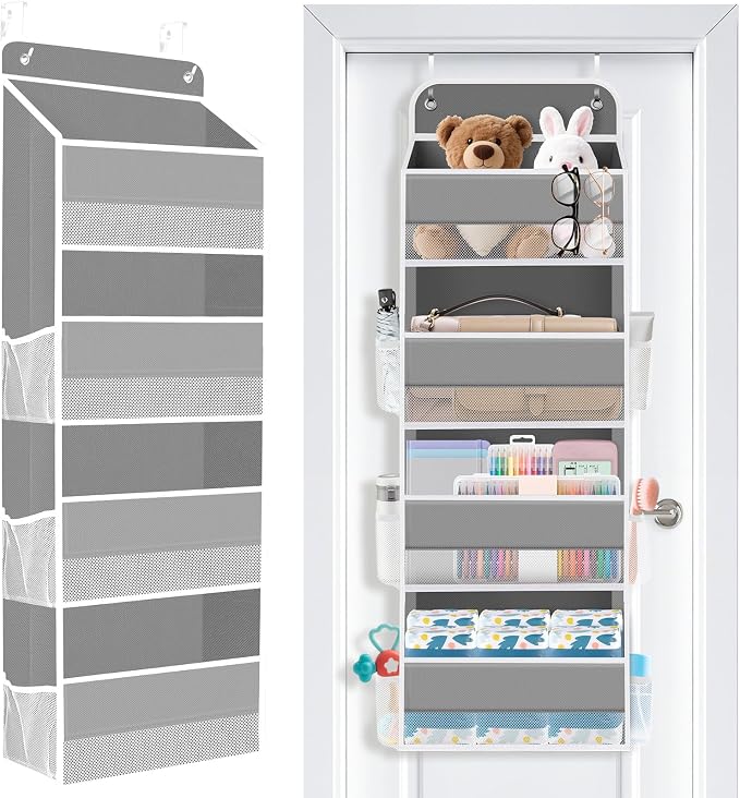 Over the Door Organizer, 4 Large Pocket Hanging Storage with 40lb Capacity | Space Saving Door Storage for Nursery, Bathroom, Bedroom and Closet, Baby Essentials and Toiletry Organizer, Grey