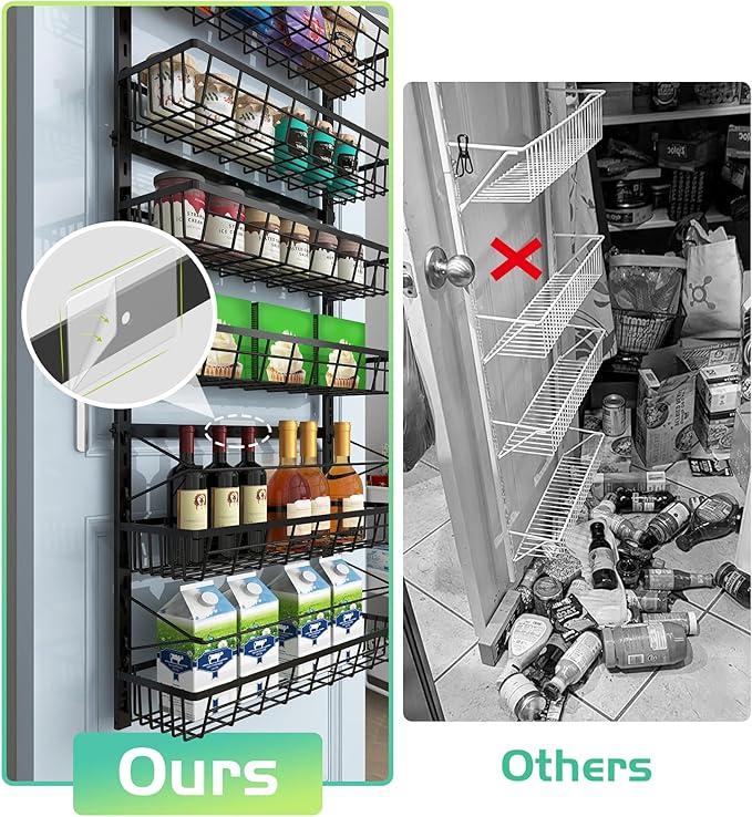 Mefirt Over The Door Pantry Organizer, Pantry Storage and Organization | 6-Tier Adjustable Hanging Baskets, Metal Wall Mount Spice Rack Seasoning Shelves for Home & Kitchen, Laundry Bathroom - Black