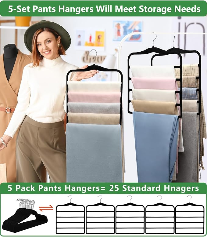 Pants Hangers Space Saving,5P Scarf Hangers for Closet Organizers and Storage,Non Slip Velvet Hanger for Closet Organizer,College Dorm Room Essentials,Heavy Duty Organization and Storage Jean Hangers