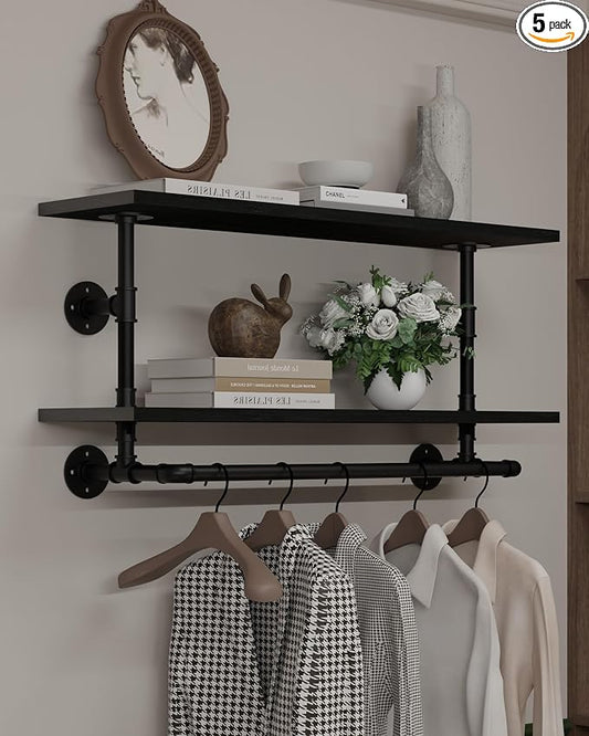Clothes Rack 36in, 2-Tier Wall Mounted Garment Rack with Real Wood Shelf, Heavy Duty Hanging Clothes Rack, Multi-Purpose Hanging Rod, Space-Saving Closet Storage