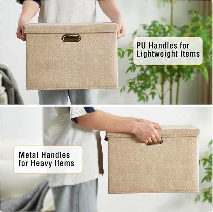 15" Large Collapsible Storage Bins with Lids, Stackable Closet Organizers with PU Handle and Labels, 3-Pack Decorative Fabric Storage Boxes for Home, Bedroom, Closet, Office, Nursery(Khaki)