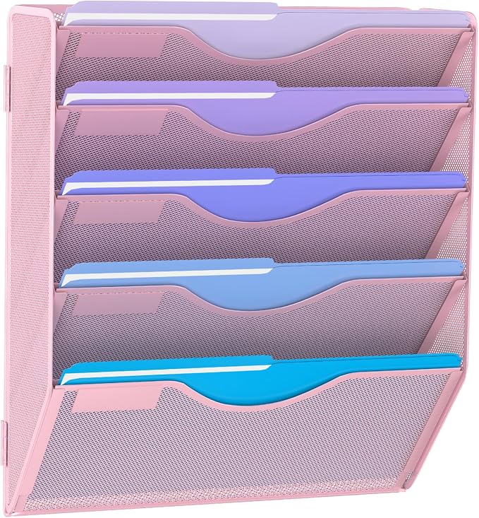 Gawerk 5 Tier Hanging Wall File Organizer, Mesh Mail Paper Orgnization Hanging File Folder Holder for Home Office, Pink