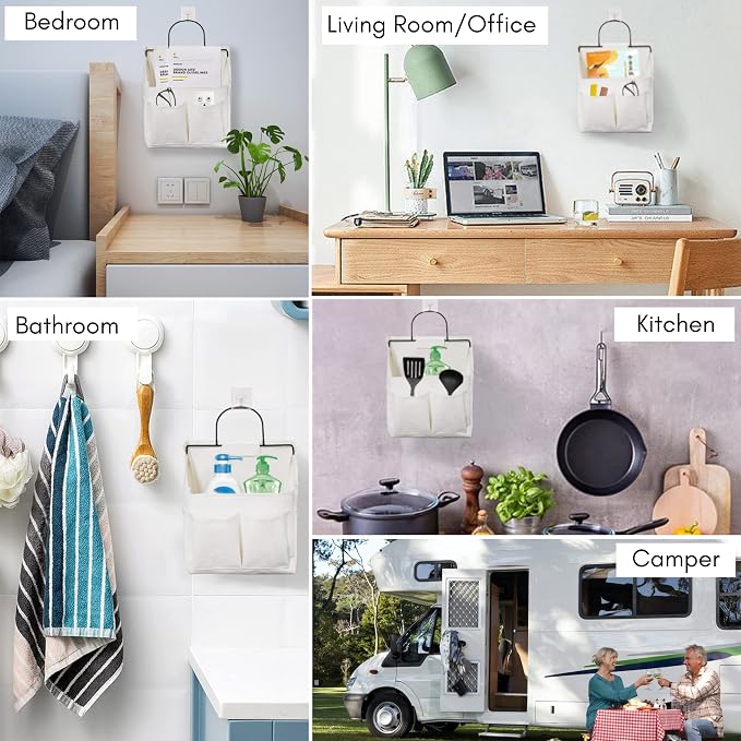 Kanrichu 3pcs Wall Hanging Organizer Bag, Linen Fabric Door Hanging Storage Basket with Pockets, Waterproof Bin for Kitchen, Bedroom, Office, RV Camper (White-Upgraded)