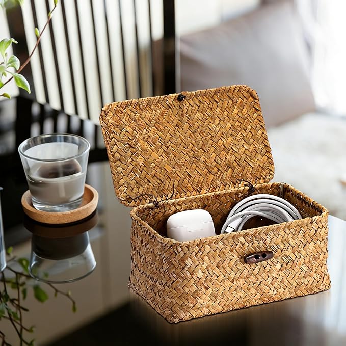 Hipiwe Small Seagrass Wicker Box with Lid Decorative Shelf Basket Bin | Handwoven Basket Storage Boxes for Home Decor, Multipurpose Desktop Organizer, Caramel 7.0" x 4.3" x 3.3"