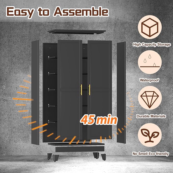 PAOFIN 75" Metal Kitchen Pantry Cabinet, Storage Cabinet with Doors and 5 Adjustable Shelves, Cabinet with 2 Metal Handles,Tall Cabinet for Livingroom,Pantry, Bathroom,Kitchen Black