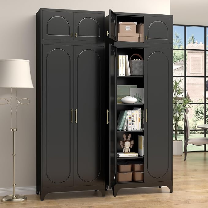 SteeLoong 90"Metal Pantry Storage Cabinet with Doors & 4 Adjustable Shelves | Kitchen Pantry Cabinet,Black Tall Pantry Cabinet for Kitchen Storage,Storage Cupboard for Living Room,Pantry,Garage,Bathroom