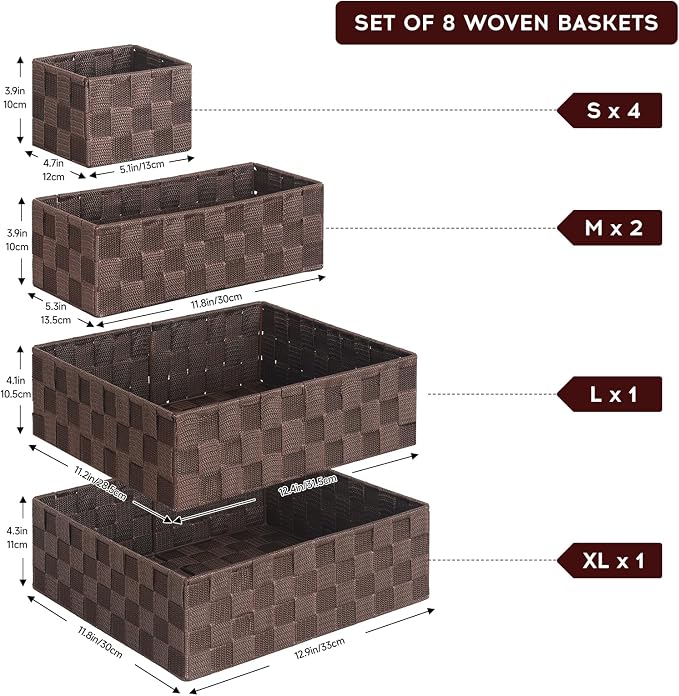 Posprica Woven Baskets, Storage Baskets for Organizing (Set of 8), Cube Baskets Bin Container Matching Storage Boxes Organizers for Pantry, Office, Shelves, Media-room