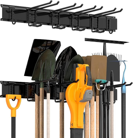 Garage Wall Organizer, Heavy Duty Tool Hangers for Garage Wall with 6 Double Hooks & 2 Rails, Tool Organizer Wall Mount, Garage Hanging Storage Rack for Shovel, Rake, Broom and Ski Gear