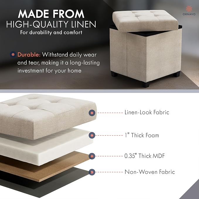 Ornavo Home Square Cube Storage Ottoman with Legs, 15x15x15, Beige | Foot Rest Stool Seat; Holds Up to 600 lbs; Ideal for Living Room, Bedroom, Home Office or Dorm