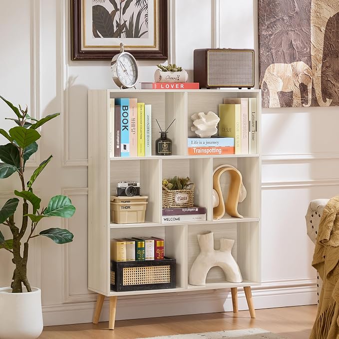 LEYAOYAO Cube Bookshelf, Mid-Century Modern Book Shelf with Legs,Light Grey | 3 Tier Bookcase, Rustic Wood Bookshelves Freestanding Small Storage Organizer, Open Shelves for Bedroom, Living Room, Office
