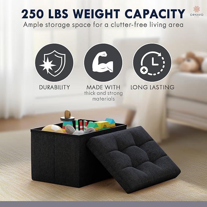 Ornavo Home Small Rectangle Ottoman Set of 2, Linen, 12x16x12, Black | Storage Collapsible Design; Foot Rest Stool Seat; Ideal for Living Room, Bedroom, Home Office or Dorm