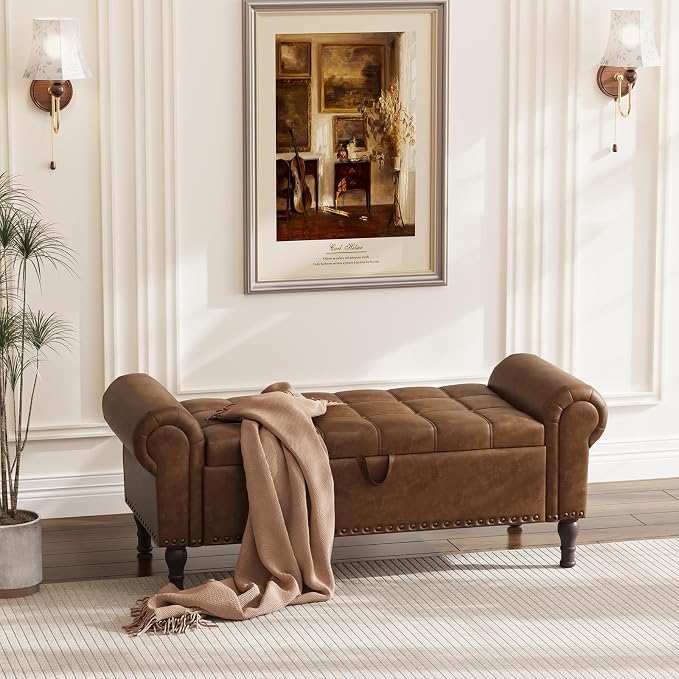 Apicizon 51” Bench with Storage, Upholstered Tufted Button Bedroom Bench with Storage, Faux Leather Ottoman Bench for Bedroom, Living Room, Entryway, Yellow Brown