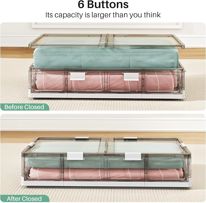 Kitstorack Plastic Under Bed Storage Containers,2 Pack Underbed Storage with Wheels,Foldable and Stackable Under Bed Organizer,Moisture and Dust-proof Storage Boxes for Clothes Shoes,13.6 Gal