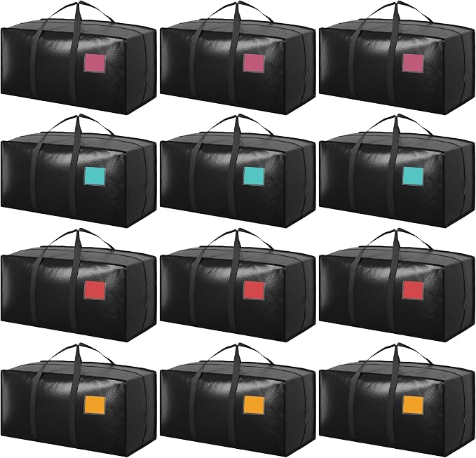 12 Pack Moving Bags with Full-Open Side Zipper, Extra Large 93L Heavy Duty Waterproof Foldable Storage Totes for College Dorm, Moving & Home Organization Black