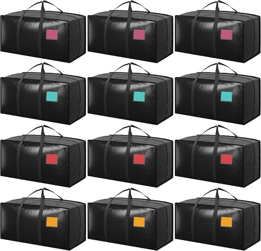 12 Pack Moving Bags with Full-Open Side Zipper, Extra Large 93L Heavy Duty Waterproof Foldable Storage Totes for College Dorm, Moving & Home Organization Black