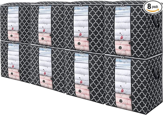 WISELIFE Storage Bags 8 Pack/100L Large Blanket Clothes Organization and Storage Containers for Comforters,Bedding, Foldable Organizer with Reinforced Handle, Clear Window, Sturdy Zippers,Black