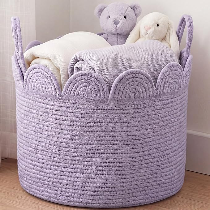 LemonRoad Lavendor Purple Round Basket Large Blanket Basket 16'' x 14" Scalloped Woven Baskets Cotton Storage Baskets for Nursery Classroom Closet Blankets Storage Home Decor